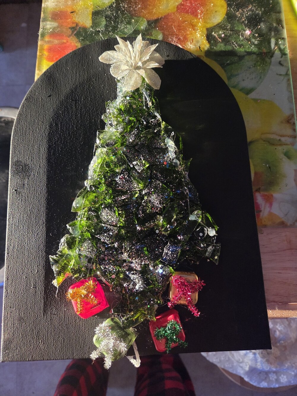Handmade all crushed glass Lighted Christmas tree on 8x10 canvas